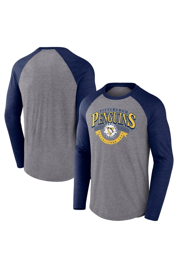 Men's Fanatics Heather Gray/Heather Navy Pittsburgh Penguins Goal Crease Raglan Tri-Blend Long Sleeve T-Shirt