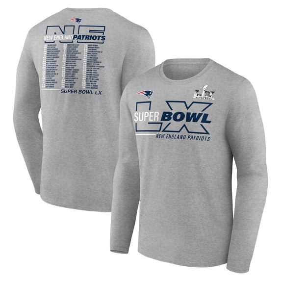 Men's Fanatics Heather Gray New England Patriots Super Bowl LX Roster Long Sleeve T-Shirt