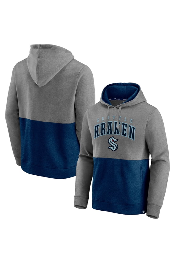 Men's Fanatics Heathered Gray/Deep Sea Blue Seattle Kraken Block Party Classic Arch Signature Pullover Hoodie