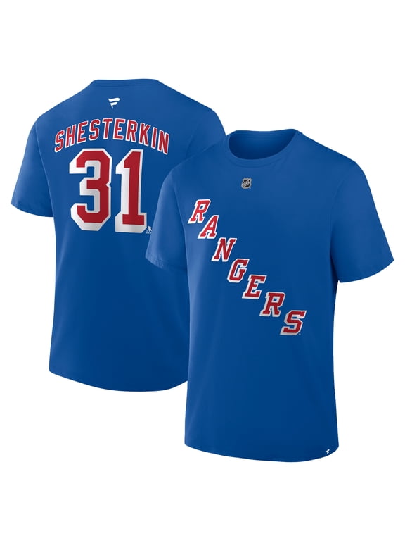 Men's Fanatics Igor Shesterkin Blue New York Rangers Authentic Stack Name & Number T-Shirt