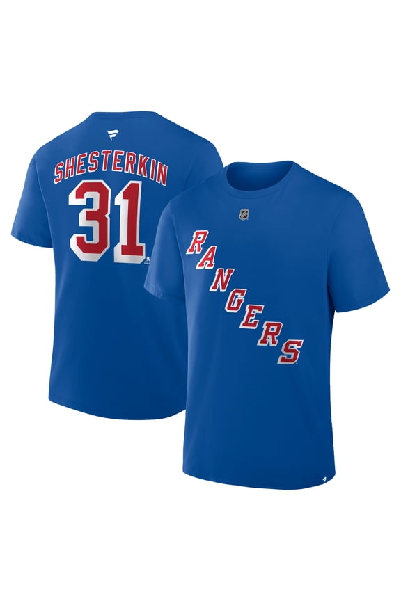 Men's Fanatics Igor Shesterkin Blue New York Rangers Authentic Stack Name & Number T-Shirt