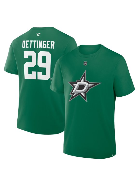 Men's Fanatics Jake Oettinger Kelly Green Dallas Stars Authentic Stack Name & Number T-Shirt