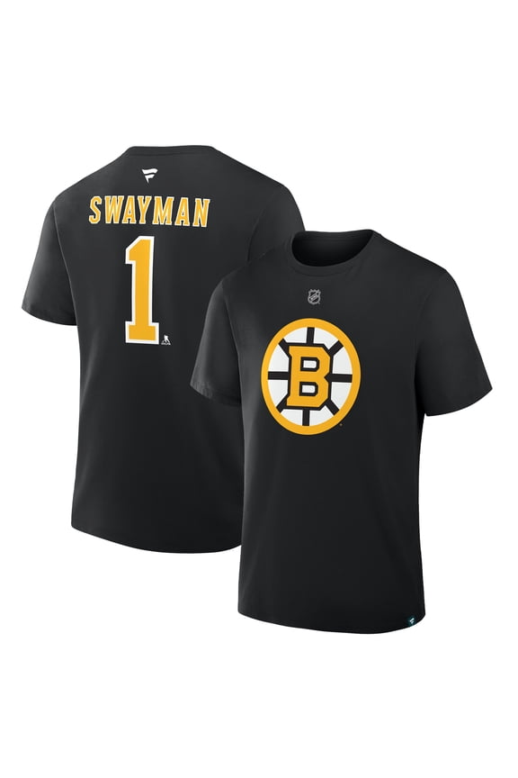 Men's Fanatics Jeremy Swayman Black Boston Bruins Authentic Stack Name & Number T-Shirt