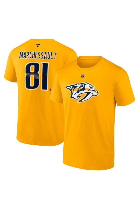 Men's Fanatics Jonathan Marchessault Gold Nashville Predators Authentic Stack Name & Number T-Shirt