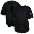 thumbnail image 1 of Men's Fanatics Lamar Jackson Black Baltimore Ravens Big & Tall Baseball Button-Up Shirt, 1 of 3