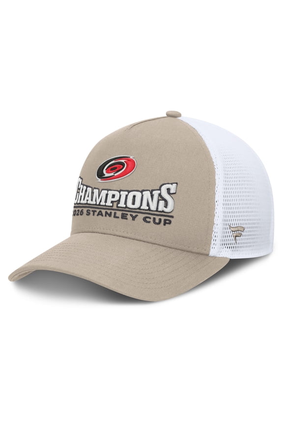 Men's Fanatics Light Beige/White Carolina Hurricanes 2026 Stanley Cup Champions A-Frame Trucker Adjustable Hat