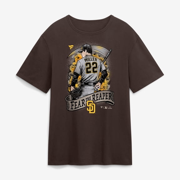Men's Fanatics Mason Miller Brown San Diego Padres Fear the Reaper T-Shirt