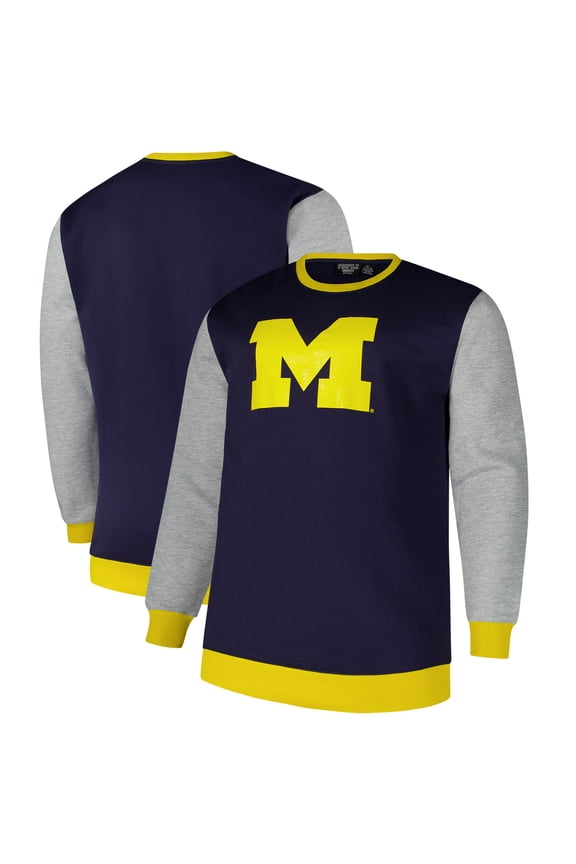 Men's Fanatics Navy Michigan Wolverines Contrast Sleeve Large Chest Big & Tall Pullover Sweatshirt