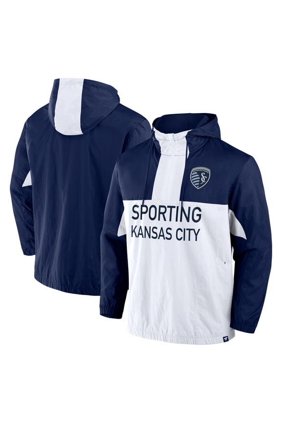 Men's Fanatics Navy Sporting Kansas City Free Kick Woven Quarter-Zip Hoodie Jacket