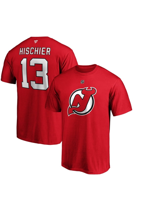 Men's Fanatics Nico Hischier Red New Jersey Devils Team Authentic Stack Name & Number T-Shirt