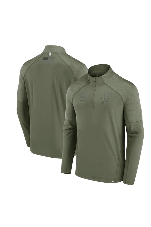 Men's Fanatics Olive Wisconsin Badgers OHT Military Appreciation Titan Raglan Quarter-Zip Jacket