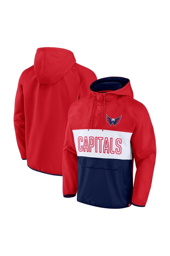 Men's Fanatics Red/Navy Washington Capitals Backhand Shooter Defender Anorak Raglan Hoodie Quarter-Zip Jacket