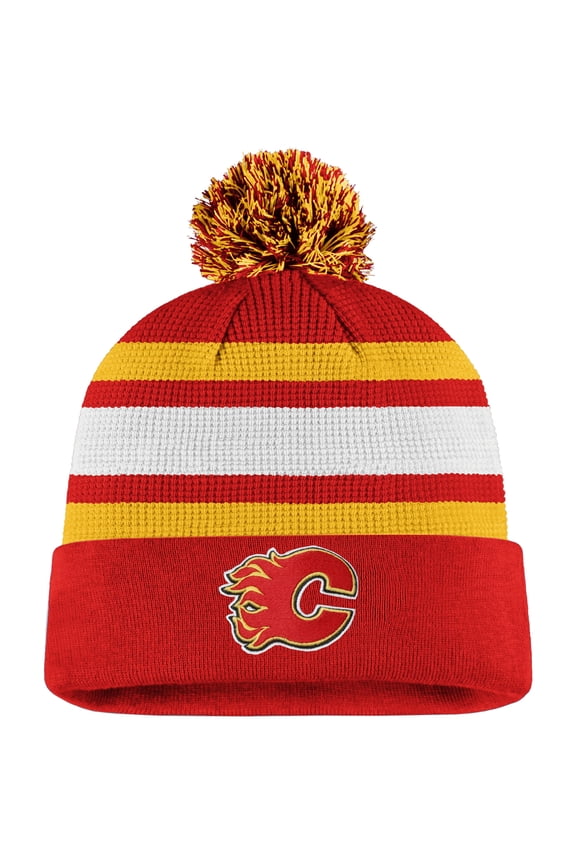 Men's Fanatics Red/Yellow Calgary Flames Authentic Pro Cuffed Pom Knit Hat