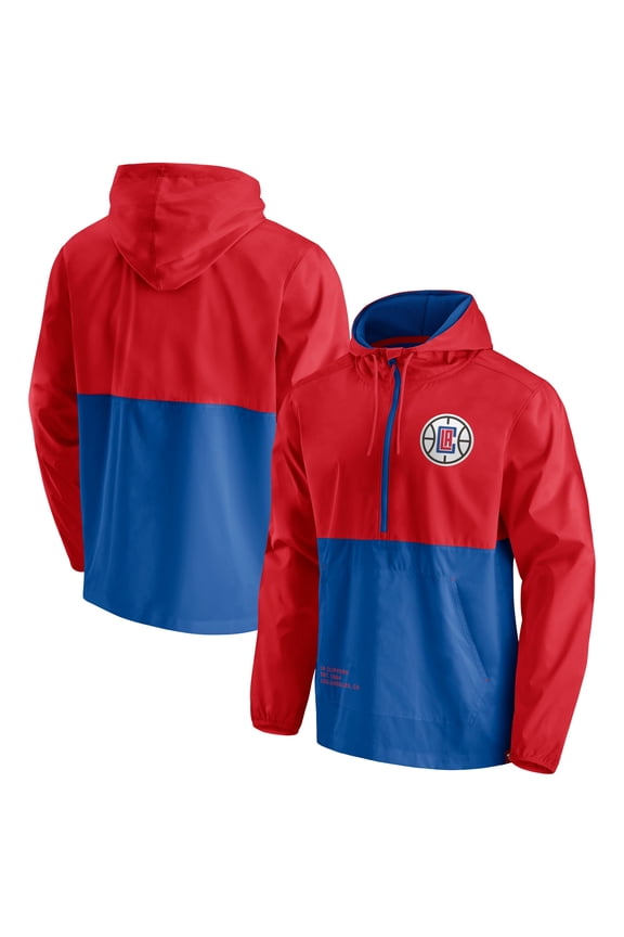 Men's Fanatics Royal/Red LA Clippers Anorak Block Party Windbreaker Half-Zip Hoodie Jacket