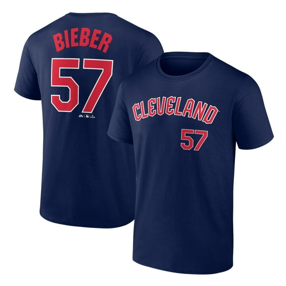 Men's Fanatics Shane Bieber Navy Cleveland Guardians Road Name & Number T-Shirt
