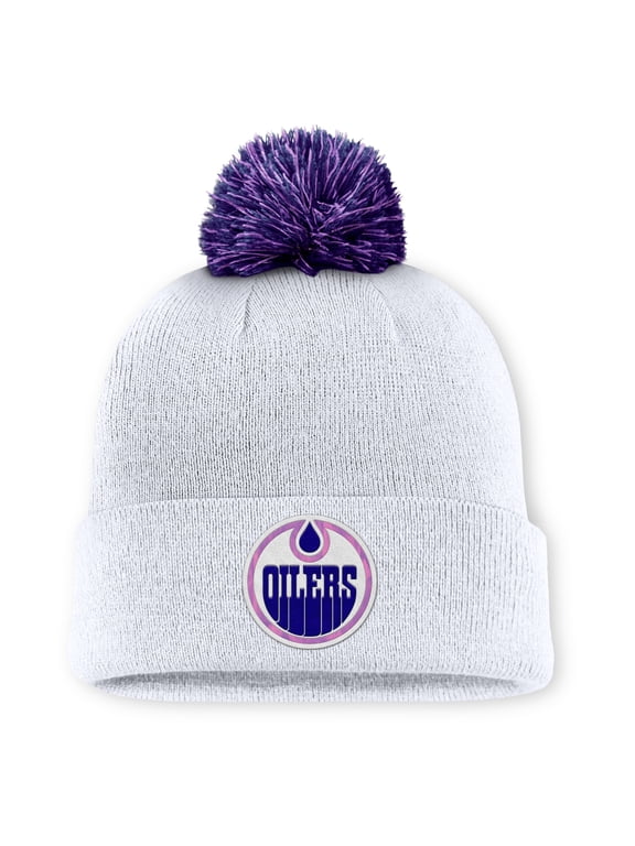 Men's Fanatics White Edmonton Oilers Authentic Pro Hockey Fights Cancer Cuffed Knit Hat with Pom