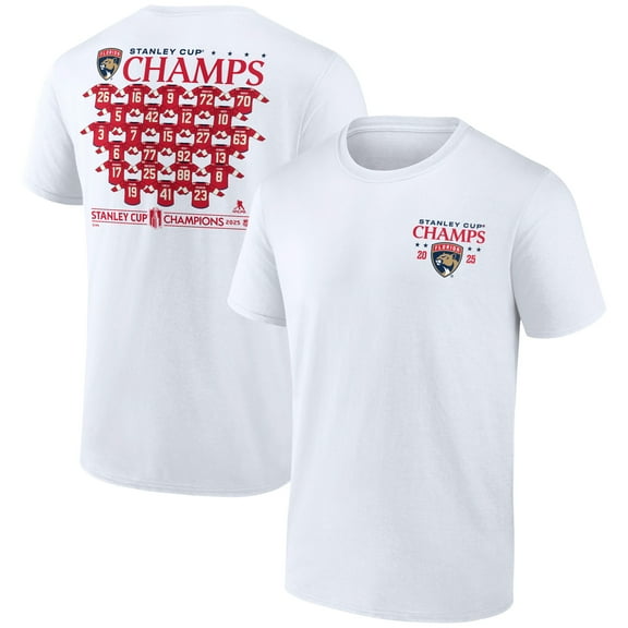 Men's Fanatics White Florida Panthers 2025 Stanley Cup Champions Jersey Roster T-Shirt