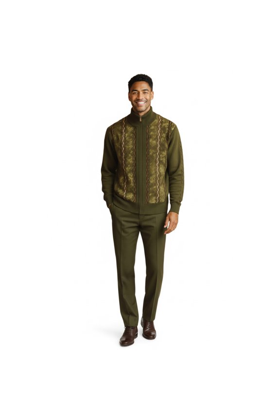 Men's Fancy European Sweater Jacket By Silversilk Fashionable 11005 Olive