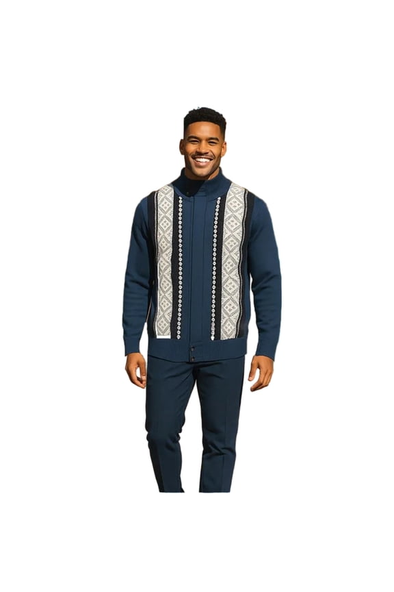Men's Fancy European Sweater Jacket By Silversilk Fashionable 11007 Indigo Blue