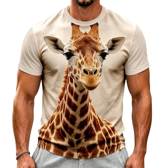 Men's Fantasy Animal Graphic T-Shirt, Crew Neck Short Sleeve Summer Casual Tee Beige XXXL
