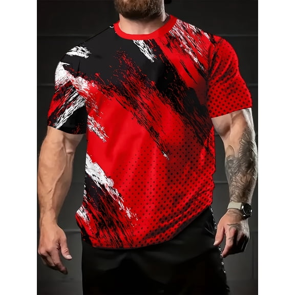 Men's Fashion 3D Printed Contrast Short Sleeve T-Shirt - Casual Street Style, Blue and White Abstract Pattern, Suitable for Summer Wear, Everyday Clothing | Fashion Men's Clothing | Smooth Texture