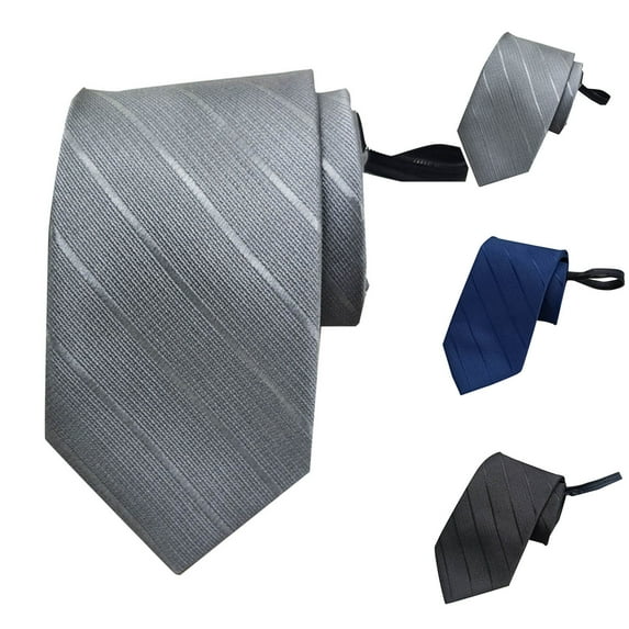 Men's Fashion Business 8cm Formal Solid Color Polyester Silk Lazy Zipper No Knot Tie Gray