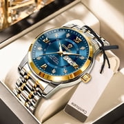 Mens Fashion Business Quartz Watch, Blue Dial Gold Hand, Stainless Steel Link Band, 30M Water Resistant Date Wristwatch