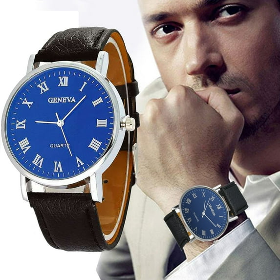 Men's Fashion Business Watch Wristwatch, Blue Dial Faux Leather Strap, Men's and Women's Watches