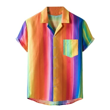 Men's Fashion Button Down Bowling Shirts Gradient Stripes Casual Short Sleeves Beach Shirt Summer Relaxed Fit Tee Tops with Pocket