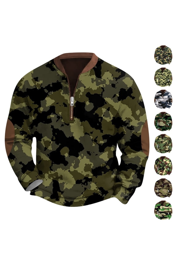 Men's Fashion Casual Camouflage Quarter-Zip Neck Sweatshirt, Loose Fit Long Sleeve Pullover, Fall Spring Military Style Top,Army Green,XL