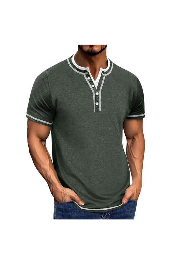 Men's Fashion Casual Front Placket Short Sleeve Henley T-Shirts Cotton Shirts