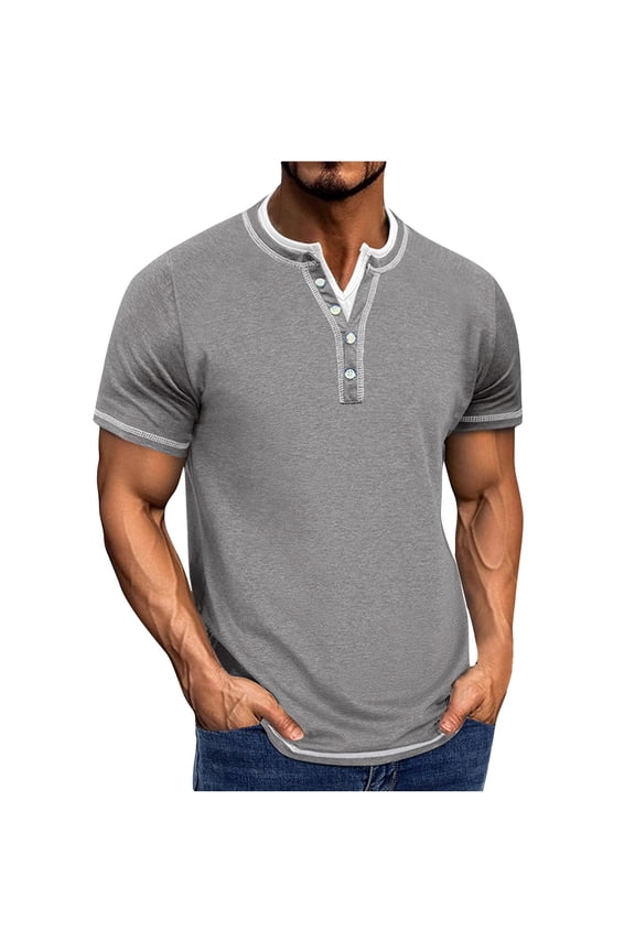 Men's Fashion Casual Front Placket Short Sleeve Henley T-Shirts Cotton Shirts