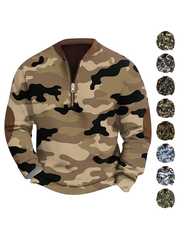 Men's Fashion Casual Half Zip Camouflage Sweatshirt, Loose Fit Long Sleeve Hoodie, Military Style Streetwear for Outdoor, Christmas, Fall Winter, Hiking and Camp,Light Brown,S