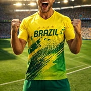 Mens Fashion Casual Soccer Brazil Style Soccer Printed Sport Breathable Short Sleeve Tops