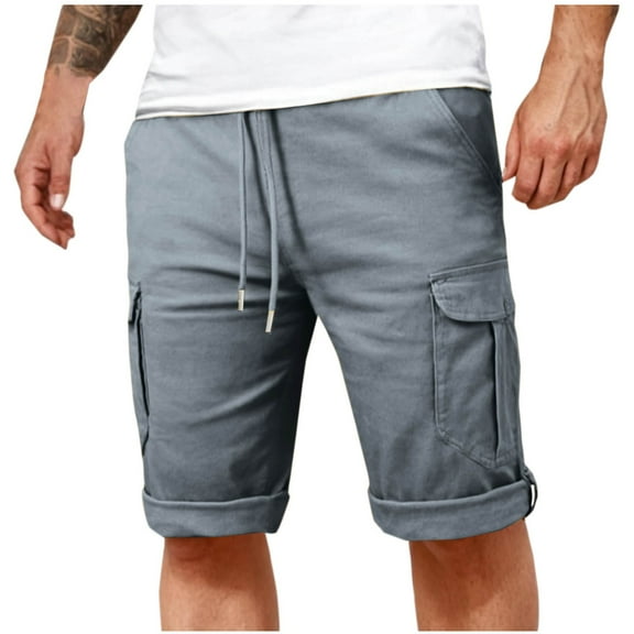 Men's Fashion Casual Solid Color Cargo Pockets Button Trouser Legs Elastic Waist Casual Capris Pants Capri Leggings For Men Thermal Leggings For Men Leggings For Men Black Black Leggings For Men