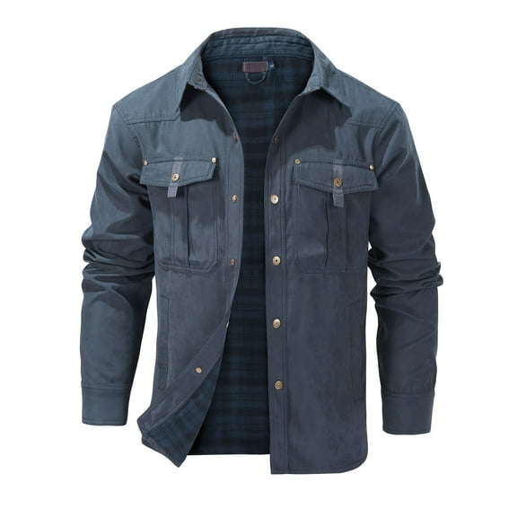 Men's Fashion Casual Solid Color Plaid Work Jacket, Mature Style Button Down Outerwear With Flap Pockets, Spring Fall