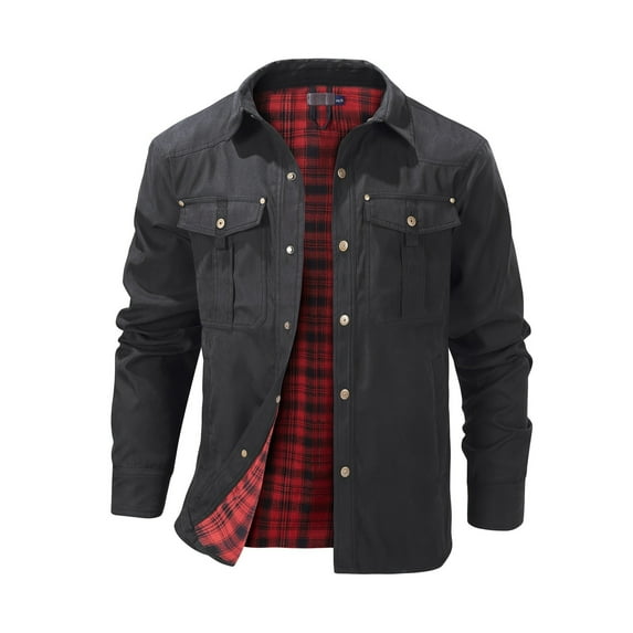 Men's Fashion Casual Solid Color Plaid Work Jacket, Mature Style Button Down Outerwear With Flap Pockets, Spring Fall