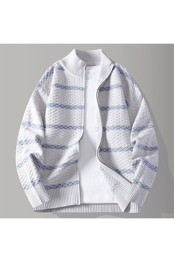 Men's Fashion Casual Striped Cardigan with Stand Up Collar and Patchwork Design, Loose Fit Knit Sweater, Long Sleeve Hooded Outerwear for Daily Use in Winter