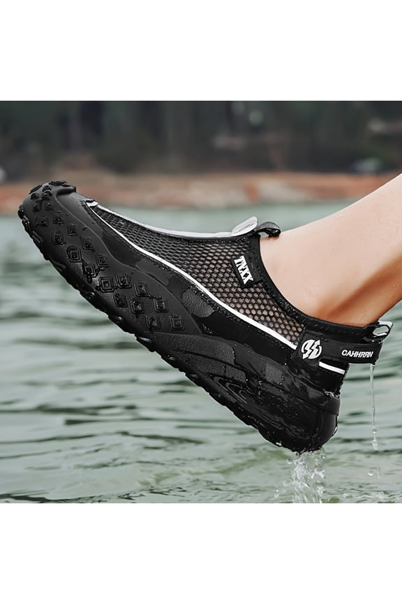 Men's Fashion Casual Summer Large Mesh Breathable Hollow-Out Quick-Drying Water-Interference Wading Shoes for Outdoor Water Play, Thick-Soled Anti-Slip Wear- Comfortable Sports Beach Shoes