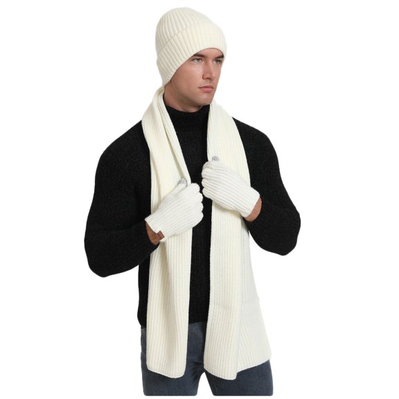 Men's Fashion Casual Winter Keep Warm Solid Set Knitted Hat Scarf Glove