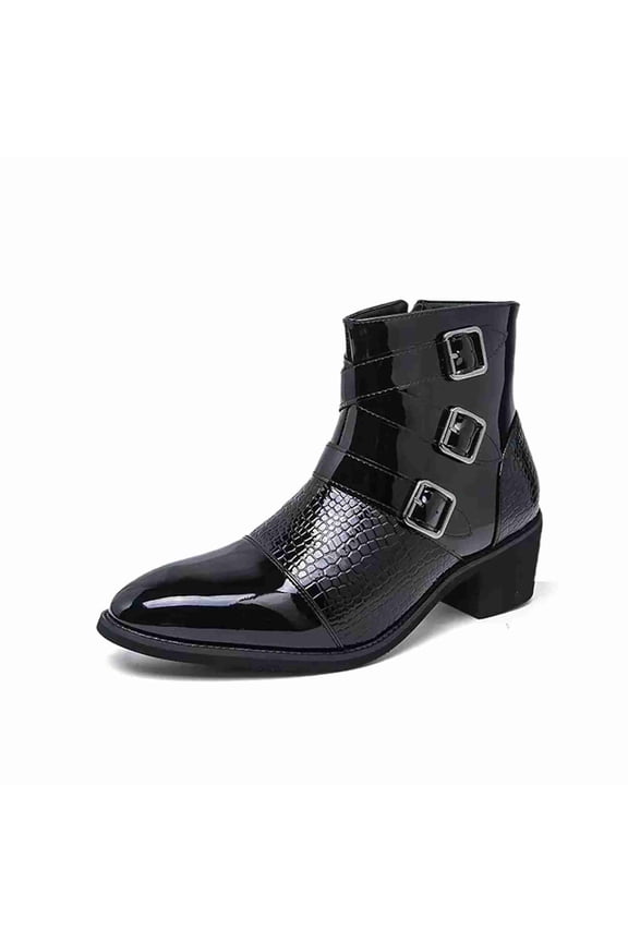 Men's Fashion Chelsea Boots – Pointed Toe Patent Leather Ankle Boots with Crocodile Texture & Triple Buckle Straps Cowboy boots
