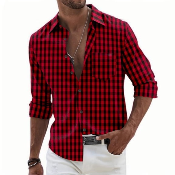 Men's Fashion Classic Checkered Shirt Long Sleeved Lapel Button Up Shirt Business Casual Street Comfortable Shirt Fast Delivery