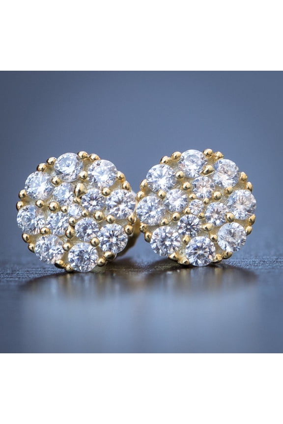 Men's Fashion Cluster Stud Earrings 2Ct Round Cut Lab Created VVS1/D Diamond 14K Yellow Gold Plated Silver