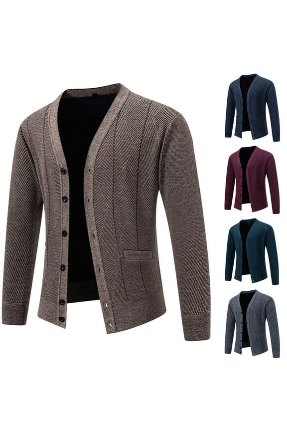 Men's Fashion Coat Solid Color Knitted Elastic Sweater Button Solid Color V Neck Long Sleeve Sweater Fall Winter Outwear Warm Sweaters Coat
