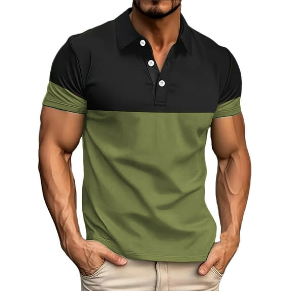 Men's Fashion Colorblock Polo Shirt Casual Short Sleeve Casual Lapel Golf Shirt Tops