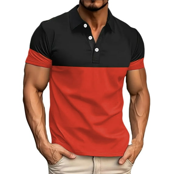 Men's Fashion Colorblock Polo Shirt Casual Short Sleeve Casual Lapel Golf Shirt Tops