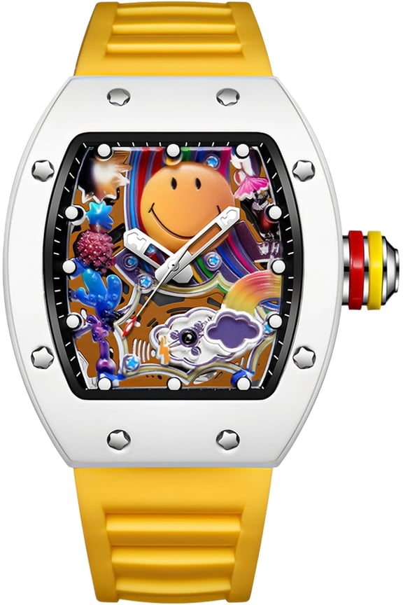 Men’s Fashion Colorful Smiley Face Watch – Trendy Creative Big Face Tonneau Men Wristwatch with Silicone Strap, Unique Cool Luminous Design Gift Watch