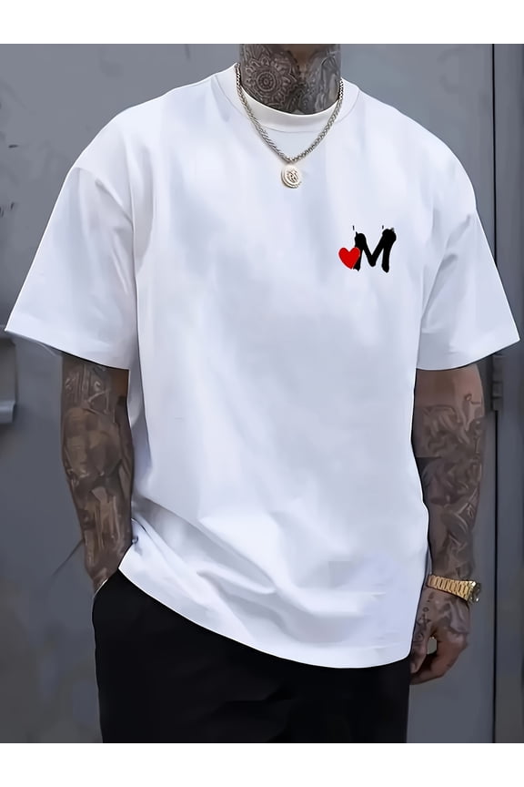 Men's Fashion Comfortable Breathable T-Shirt with Letter M and Heart Pattern Print, New Casual Crew Neck Short Sleeve Tee for Spring/Summer