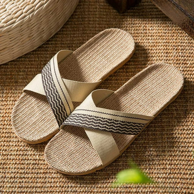 Men's Fashion Couples Linen Slip On Slides Indoor Home Slippers Beach