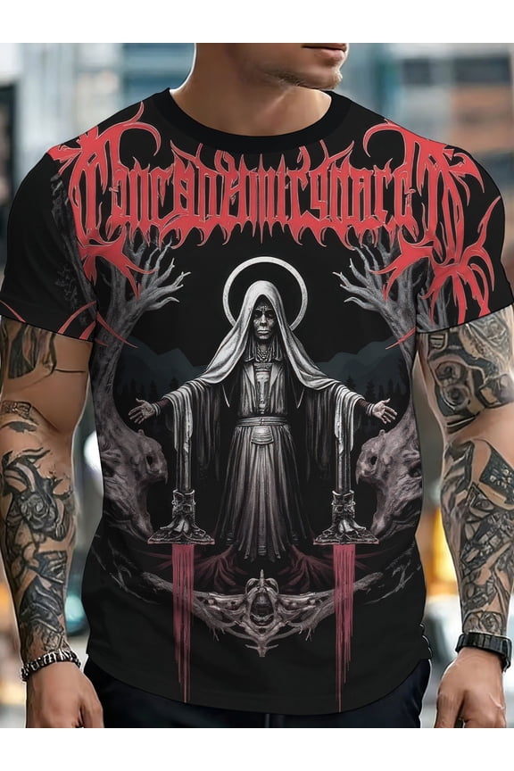 Men's Fashion Crew Neck T-Shirt, Trendy Printed Short Sleeve Top Gothic Diablo Nun Ritual Picture, Vivid High Definition Print Design and Machine Washable Fabric